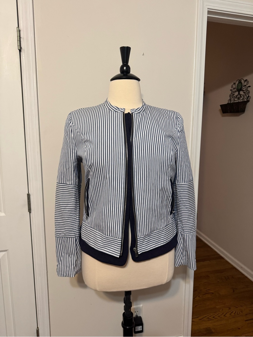 Nordstrom Navy and White Striped Collarless Jacket